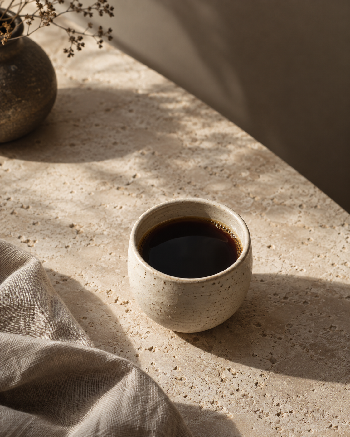 Composición editorial conceptual: una taza de café sobre una mesa de piedra